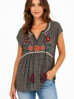 THML Boho Embroidered V-Neck Women’s Top - Black with Multicolor Floral Size M